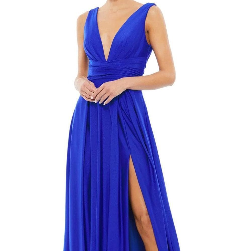 Mac Duggal Royal Blue V-Neck Ruched Sleeveless Gown
